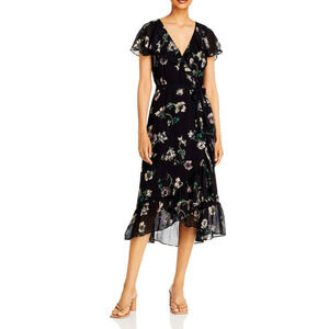 PAIGE PALISADES FLORAL MIDI SILK WRAP DRESS BLACK NEW NO BELT WOMEN'S SIZE SMALL